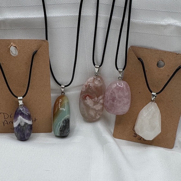Natural stone Jewelry - amethyst Quartz Agate 5 necklaces, 1.75 - 2.25” pendants all on 9” core SET of 5